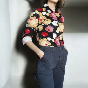 Vintage 70s Leaf Print Dagger Collar Button Front Shirt XS